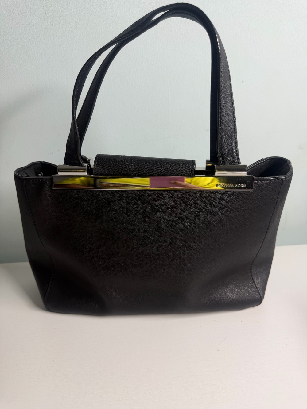 Michael Kors Black Leather Shoulder Tote with Gold Accent
